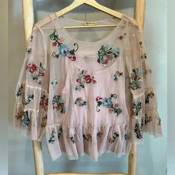 Democracy fairycore Floral 3/4 Sleeve whimsy Embroidered Sheer Shirt floral - Picture 4 of 14
